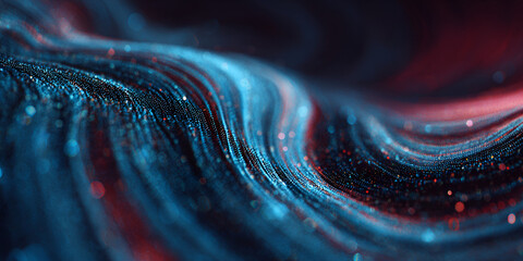 Dynamic wave of glowing particles in blue and red tones, futuristic data visualization background
