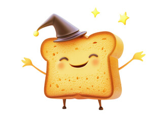 Happy Toast Character with Witch Hat and Sparkles
