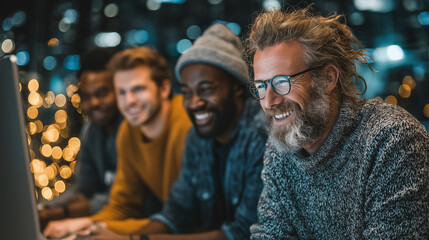 Modern business team collaborating around digital screen in sleek office, diverse professionals brainstorming creative strategies together