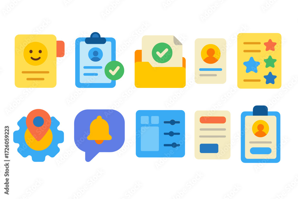 Poster office and productivity flat icon set. essential business tools and tasks collection