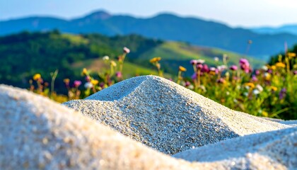 Sandy mound in bright sunlight, with vibrant wildflowers and distant, blurred mountains