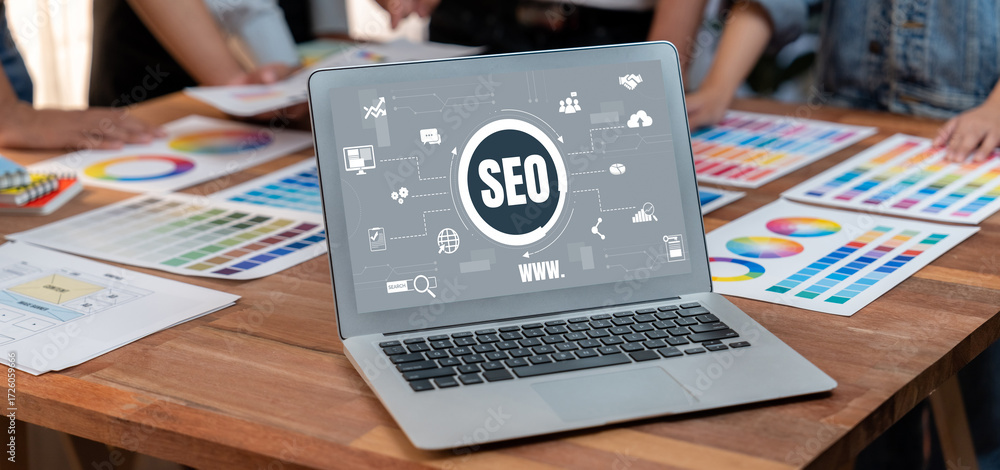 Poster seo search engine optimization for brisk e-commerce and online retail business showing on computer s