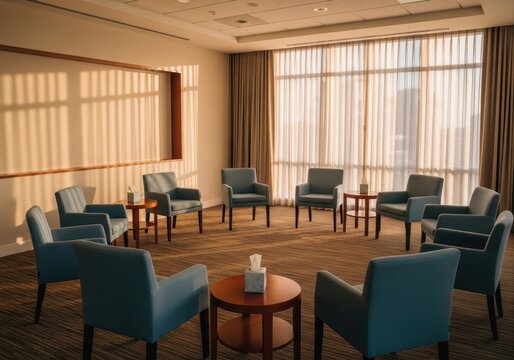 circle of empty chairs in sunlit room for support group meeting. tissues on table create safe, communal space for therapy. mental health and counseling concept. - Powered by Adobe