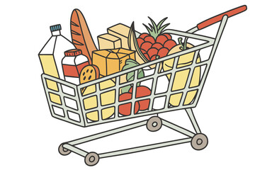 Shopping trolley, basket, bag with grocery food. Vegetables, fruits, berries, dairy, bread, past and other groceries, goods. Healthy eating concept. Isometric vector illustration. 
