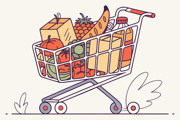 Shopping trolley, basket, bag with grocery food. Vegetables, fruits, berries, dairy, bread, past and other groceries, goods. Healthy eating concept. Isometric vector illustration. 