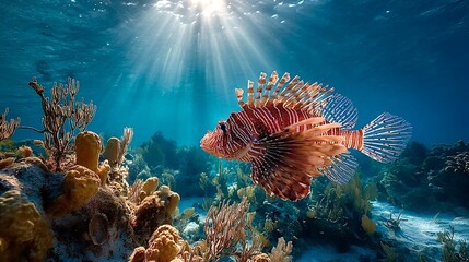 Vibrant lionfish swimming gracefully in sunlit coral reef