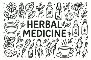 Herbal medicine outline icon set. natural remedy, organic health, plant symbols