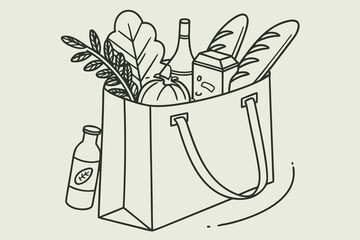 Shopping trolley, basket, bag with grocery food. Vegetables, fruits, berries, dairy, bread, past and other groceries, goods. Healthy eating concept. Isometric vector illustration. 