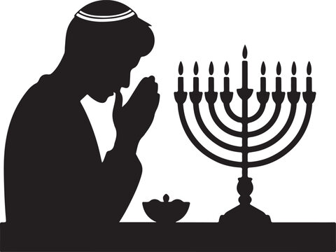 black silhouette man praying near menorah clip art preview