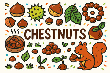 Autumn, chestnuts flat icon set. nuts, leaves, squirrel, harvest icons collection