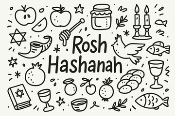 Rosh hashanah icon set. jewish holiday symbols in outline style, honey, apple, fish