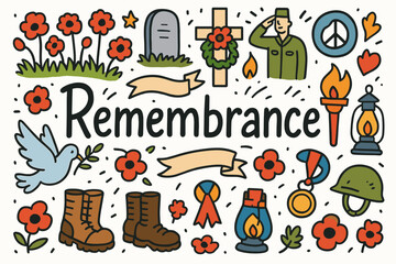 Fototapeta premium Remembrance, memorial day outline icon set. honor, peace, veterans, commemoration icons.
