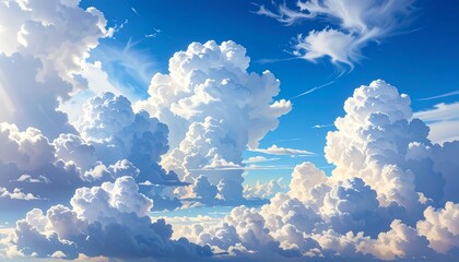 Vivid cumulus clouds fill a bright blue sky, sunlight streams through