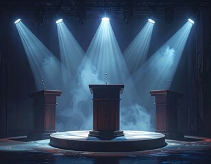 Stage with podiums under bright spotlights