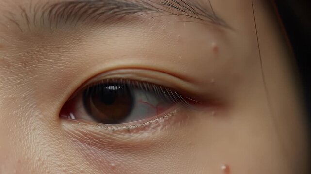 Extreme Close Up of a Crying Asian Eye with a Tear Drop.