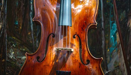 Upward view of cello body against blurred tree backdrop, rich woodgrain visible