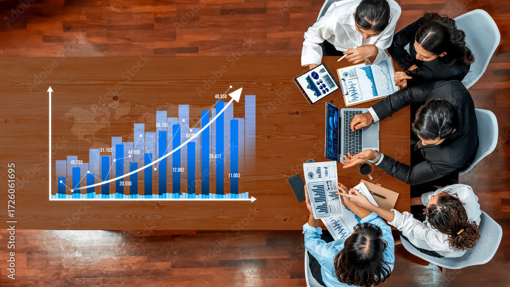 Poster a dynamic business meeting scene featuring a diverse team analyzing charts and data on a table, high
