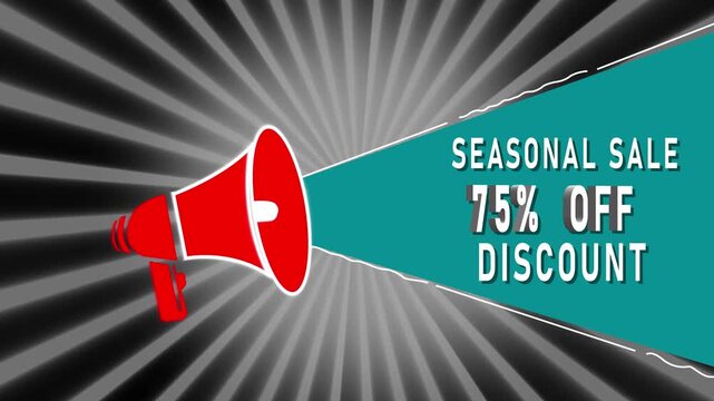 Red Megaphone Announcing Seasonal Sale 75 Percent Off Discount With Sunburst Background announcement