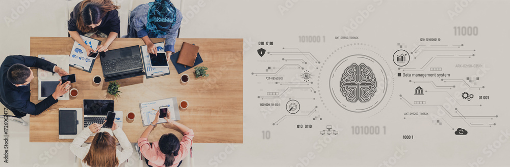 Poster ai data management system for digital analysis, with ai, data, and system repeating for better seo t