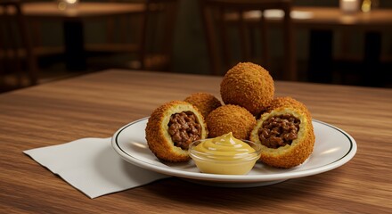 A plate of dutch bitterballen with mustard sauce served on a wooden table in a restaurant setting