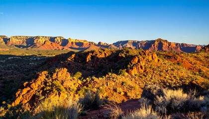 Red rock formations bathed in golden light under a clear blue desert sky