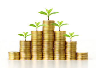 Stacks of gold coins with small green sprouts on top symbolizing financial growth and investment return