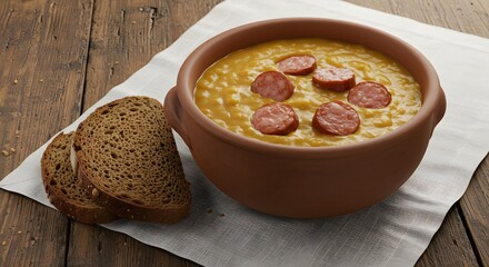 A rustic bowl of creamy soup with sausage slices and slices of bread on a wooden table top setting