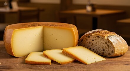 A wheel of cheese with slices and a loaf of bread on a wooden board in a softly lit environment