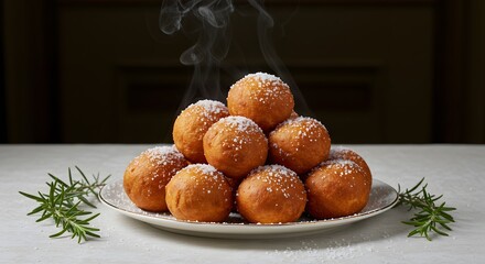 A pile of steaming donuts dusted with sugar on a plate with rosemary sprigs as decoration