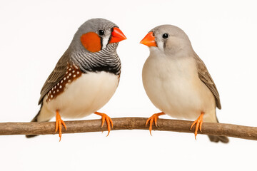 Fototapeta premium A pair of Sunda zebra finch or Amadina birds male and female are sitting on a branch isolated on white background. Taeniopygia guttata.Decorative domestic songbirds concept.