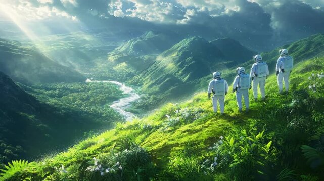 Astronauts explore lush alien landscape with verdant mountains and river