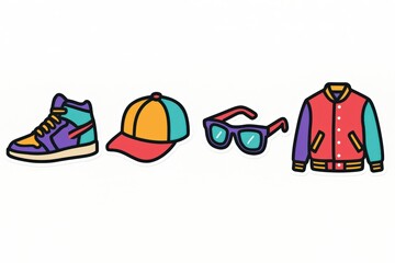 Obraz premium Colorful urban fashion accessories featuring stylish sneakers baseball cap retro sunglasses and varsity jacket emphasizing modern youth culture smart style and streetwear aesthetics