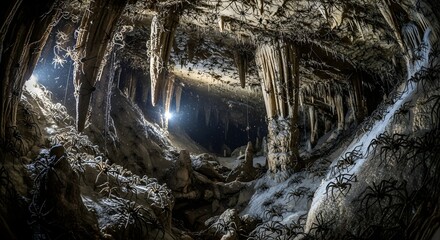Spooky subterranean cave landscape illuminated by a bright light amidst numerous spiders and webs