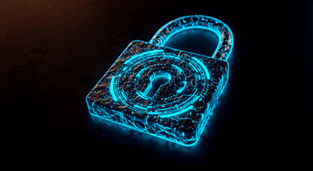 Glowing blue neon padlock with a keyhole on a dark background, symbolizing cybersecurity and digital protection for Cybersecurity Awareness Month.