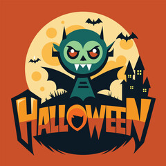 Spooky Halloween Emblem Design with Haunted House, Pumpkin Face, Bats, and Full Moon in Dark Horror Style for Party Poster, Banner, or Sticker
