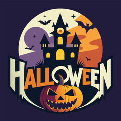 Spooky Halloween Emblem Design with Haunted House, Pumpkin Face, Bats, and Full Moon in Dark Horror Style for Party Poster, Banner, or Sticker