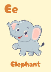 ABC card. Blue baby elephant illustration with big ears and cheerful expression, perfect for kids designs or educational content. Letter E. Vector art.