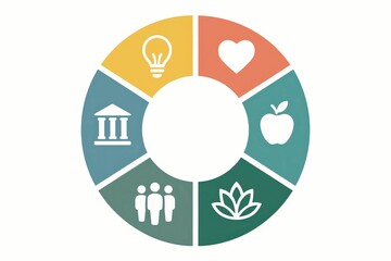 Conceptual illustration representing the interconnectedness of fundamental human needs encompassing knowledge, love, governance, health, community, and well-being captured in a visually engaging