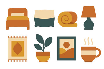 Cozy Bedroom Icons. Cozy bedroom set of icons in abstract flat : bed, fluffy pillow, blanket roll, lamp, rug, plant, framed picture, warm mug.