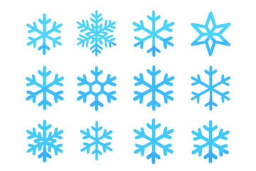 Snowflake Icon Collection. Snowflake Variations set of icons in gradient flat : simple snowflake, detailed snowflake, snowflake, star-shaped