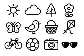 Sunny Day Icons. Sunny Outdoors icons in outline style: sun, cloud, tree, flower, butterfly, bird, picnic basket, kite, bike, soccer ball, camera,