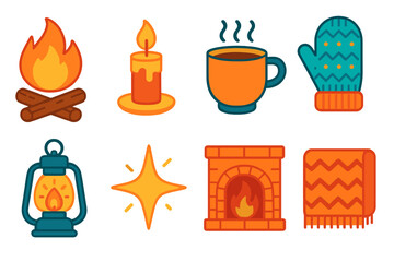 Cozy Festival Icons. Festival Warmth icons in modern flat : bonfire, glowing candle, hot cocoa, knitted mitten, lantern light, sparkling star, cozy