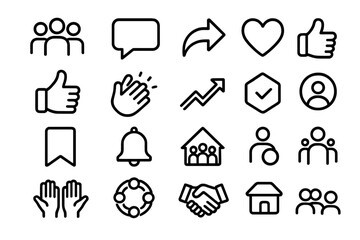 Engagement Icons Set. Engagement symbols icons in outline style: group avatars, comment bubble, share arrow, like heart, thumbs up, clapping hands,