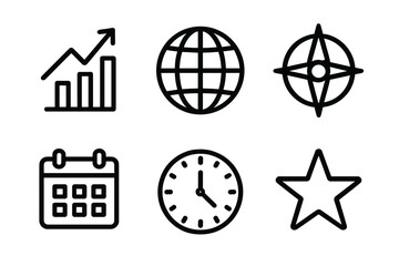 Global Forecast Icons. Global outlook icons in outline style: economic forecast, globe, compass, calendar, clock, star
