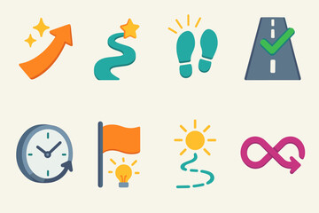 Isometric Icons Collection. Symbols set icons in modern isometric flat : arrow with sparkles, path with star, footsteps with rays, road with checkmark
