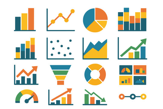 Chart Icon Collection. Chart basics set of icons in abstract flat : bar chart, line graph, pie chart, stacked bars, histogram, scatter plot, area