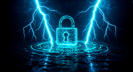 Glowing blue padlock with lightning bolts striking around it, symbolizing cybersecurity during Cybersecurity Awareness Month against a dark background with a futuristic hud interface.