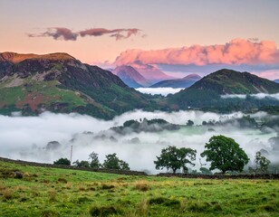 At dusk amidst the scenery and trees Romantic evening in lake district near coniston