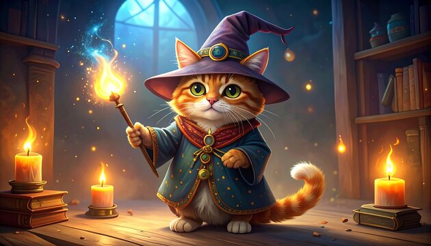 Cute wizard cat in a warm, magical library