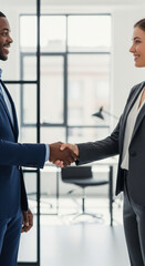 Business handshake office professional agreement partnership success teamwork formal confident smiling. Two business professionals shaking hands modern office expressing confidence and successful